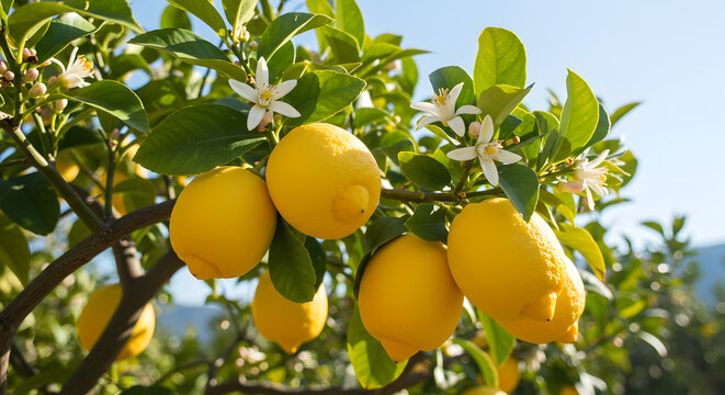 A lemon tree with ripe fruit and blossoms