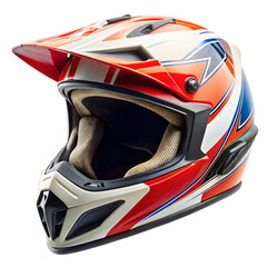 Fototapeta premium Red white and blue dirt bike helmet isolated on black background motocross helmet off road helmet