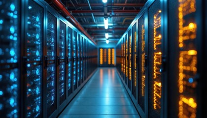 Cryptocurrency mining farm with rows of servers. Blue, orange lights illuminate hallway of digital processing units. Bitcoin, altcoin operations run on powerful computer hardware for virtual currency