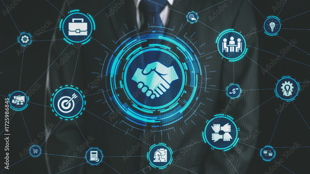 Poster b2b strategy and technology transforming business-to-business operations, optimizing communication, 