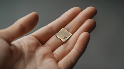 A hand holding a small square microchip with a gold border and a dark rectangular component on the surface