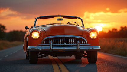 Classic orange convertible cruises down road during vibrant sunset. Golden hour light illuminates vintage car chrome details and warm paint. Scene evokes nostalgia and freedom of open-road travel.
