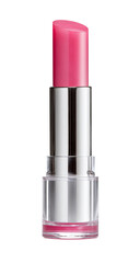 A vibrant pink lip balm, housed in a sleek, metallic, clear-capped container