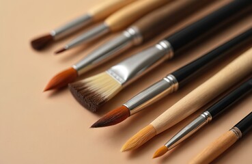 Collection of various paintbrushes including watercolor, acrylic, fine art tools. Brushes feature wooden, black handles with metal ferrules, bristles ready for creative expression. Ideal for artists,