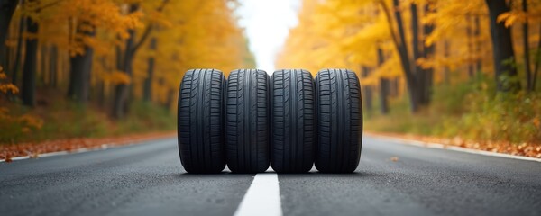 Four car tires stacked on asphalt road surrounded by autumn forest. Vibrant yellow, orange leaves line roadside, with trees forming colorful tunnel. Scene suggests tire inspection seasonal switch,