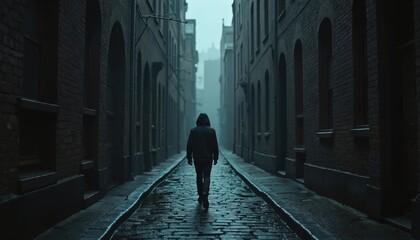 Lone figure in hooded jacket walks down narrow, wet cobblestone alleyway between tall brick buildings. Dark, atmospheric urban scene evokes mystery, sense of isolation, with shadows, foggy, gloomy
