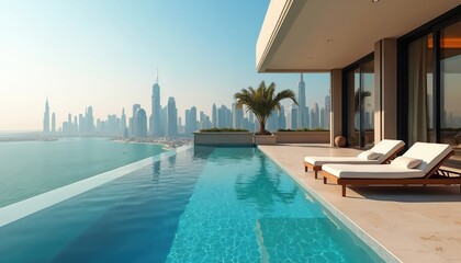 Infinity pool at luxury penthouse overlooks Dubai skyline. Modern architecture, sun loungers ready for relaxation. Cityscape waterfront property offers stunning vacation vibes. Ocean view, palm