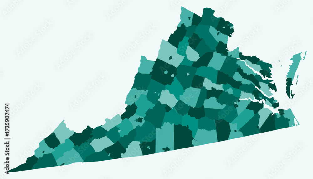 Poster map of virginia with counties. just a simple state border map with county division. teal color palet