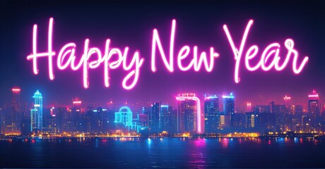 Bright neon sign displays Happy New Year above vibrant city skyline. Lights reflect upon dark water below. Festive, celebratory scene.