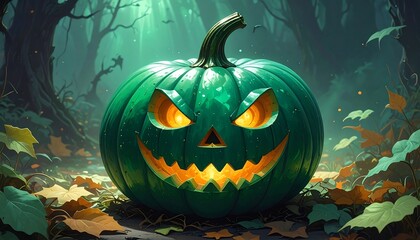 Spooky green jack-o'-lantern in a dark forest