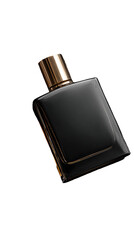 Dark, rectangular perfume bottle, gold cap.  Glossy, sophisticated, elegant