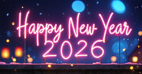 Bright pink neon sign displays Happy New Year 2026. Bokeh lights create festive background. Dark borders frame vibrant display.