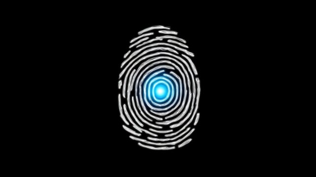 Unique Fingerprint Design With Glowing Blue Core on Black Background Showcasing Intricate Details and Structure of the Pattern - Powered by Adobe