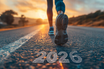 Rear view of runner's feet on desert asphalt road, 2026 overlay on road, running into sunset