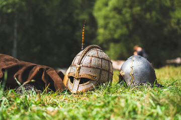 Beautiful knight's helmet. Armor of ancient warriors
