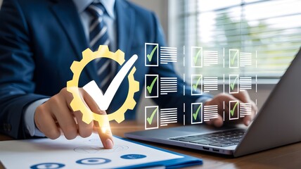 Business Certification and Quality Assurance Concept with Holographic Badge, Checkmarks, and Digital Document Icons