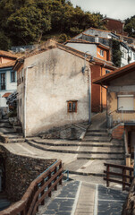 Picturesque narrow village with terraced stone steps, weathered stucco houses and terracotta roofs, wooden railing and a small fountain framed by lush hillside trees and soft moody light