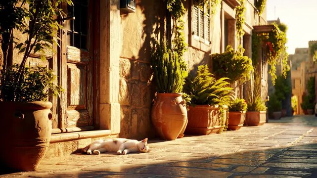 A Serene Cat Naps in the Golden Hour Sunlight on a Picturesque Old World Cobblestone Street.