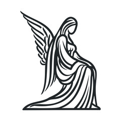 Elegant angel figure with wings in serene pose for design use. Vector black icon