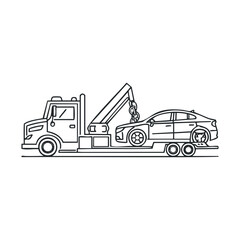Towing service transporting a vehicle along the road. Vector black icon