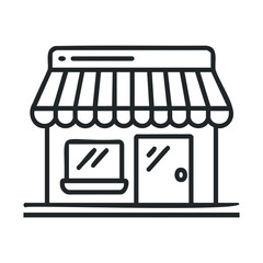 Simple line drawing of a retail shop front with awning design. Vector black icon