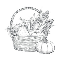 Autumn harvest basket filled with vegetables and corn. Vector black icon