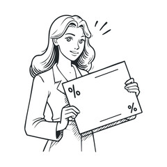 Smiling woman presenting a blank sign with excitement for marketing. Vector black icon
