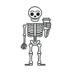 Creative skeleton holding coffee cup for Halloween celebration. Vector black icon