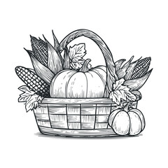 Harvest basket filled with corn and pumpkins for autumn celebration. Vector black icon