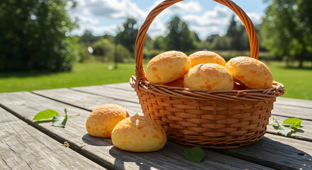 Cheese bread basket at outdoor picnic