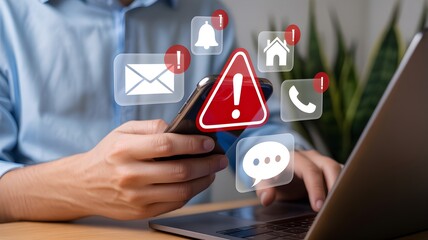 digital Security Alert on Smartphone | Cybersecurity Warning Notification Icons with Holographic Technology Background