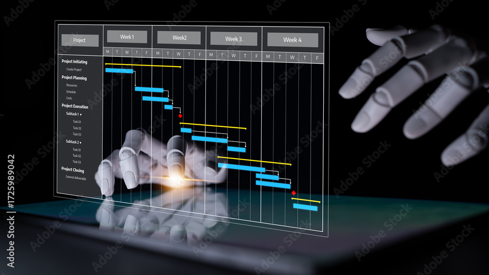 Poster a robotic hand interacts with a digital project management chart on a tablet, reflecting modern plan