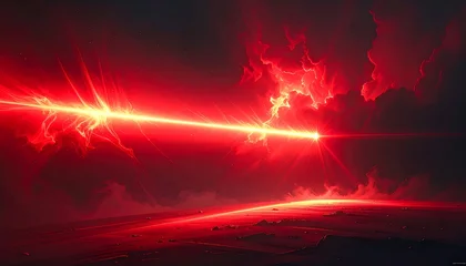 Keuken achterwand Bordeaux Red laser beam erupts from a fiery cloud, striking a desolate landscape  © Abdul