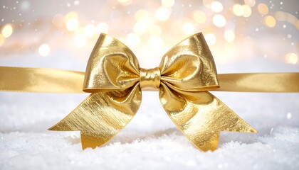 Gold ribbon bow resting on snowy surface with bokeh background glows with warmth