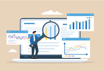 Businessman analyst data on laptop with magnifying glass