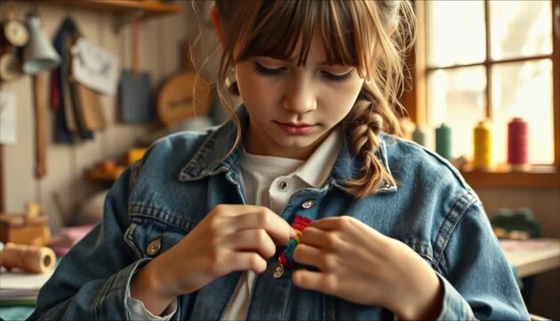 Young girl sewing a colorful patch on her denim jacket indoors  