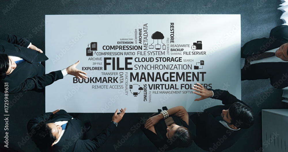 Poster a modern office scene depicting professionals actively discussing file management solutions, cloud s