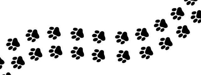 Black paw print with cat and dog footprints for a pet vector pattern or animal trail design. This linear illustration features puppy and bear traces along a walking path, perfect for creating backgrou