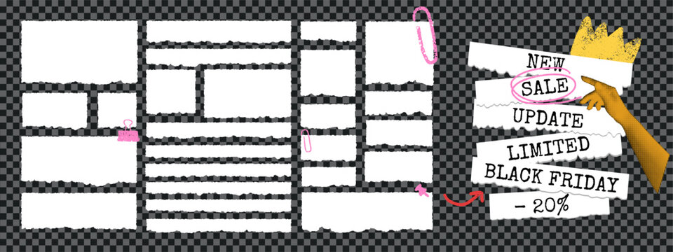 paper silhouettes with rough tear texture, perfect for typography highlights and price tags. ideal for grunge flyers, sale badges, web banners; supplied as vector and transparent png.