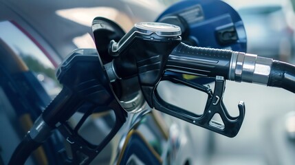 Close up view of a gas pump nozzle inserted into a car fuel tank at a filling station in daylight