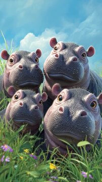 Several baby hyppo gather close together in a lush green field, their faces filled with curiosity as they look towards the viewer. 