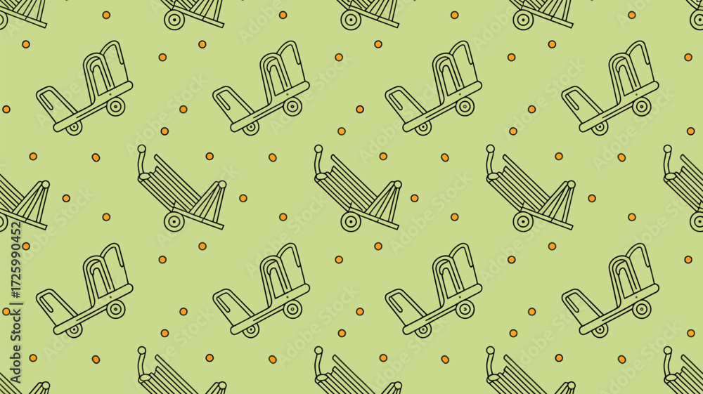Poster a repeating pattern of hand trucks and small circles on a light green background simple and clean de