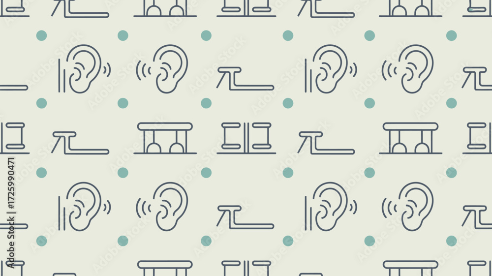 Poster seamless pattern with hearing aids and ears on a light background with small green polka dots design