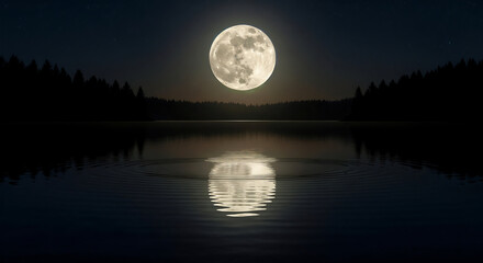 Full moon reflected on a tranquil lake, surrounded by forest silhouettes.
