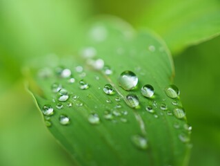 Extreme close-up macro shot of clear morning dew water drops on a vibrant green leaf with a soft, blurred background under natural light.
