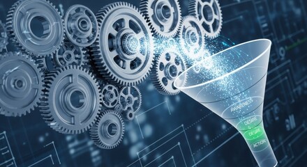 Complex technological process involving interconnected gears and a strategic marketing funnel