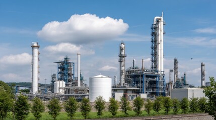 Obraz premium Industrial Refinery with Towers and Tanks Under Blue Sky