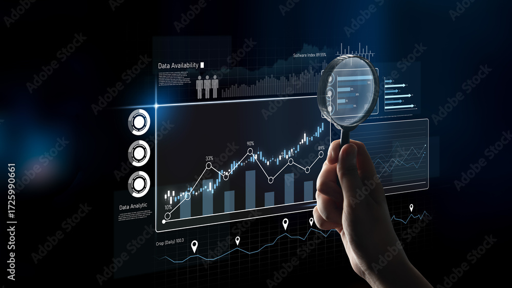 Poster high-tech data visualization dashboard for analytics and performance tracking, including data visual
