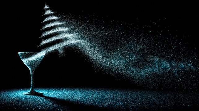 Festive Christmas Tree in Martini Glass Crafted with Glittering Blue Powder Art on Black Background