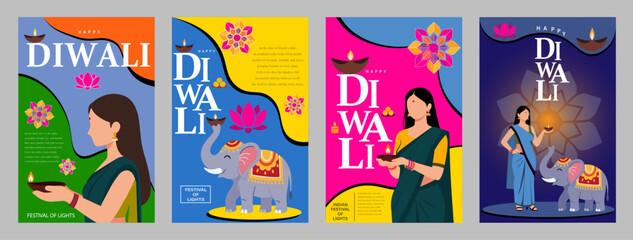 Obraz premium Diwali Festival Vector Illustration Set – Indian Woman, Elephant, Diya Lamps & Lotus Design, for Indian cultural festival artwork, Deepavali celebration concepts, and bright, modern vector backgrounds